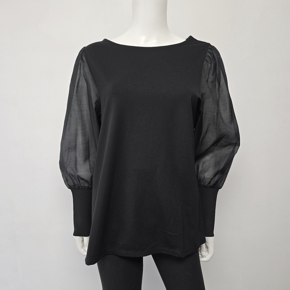 Chicos Black Blouse Sheer Puff Long Sleeve Size 2 L Knit Holiday Stretch